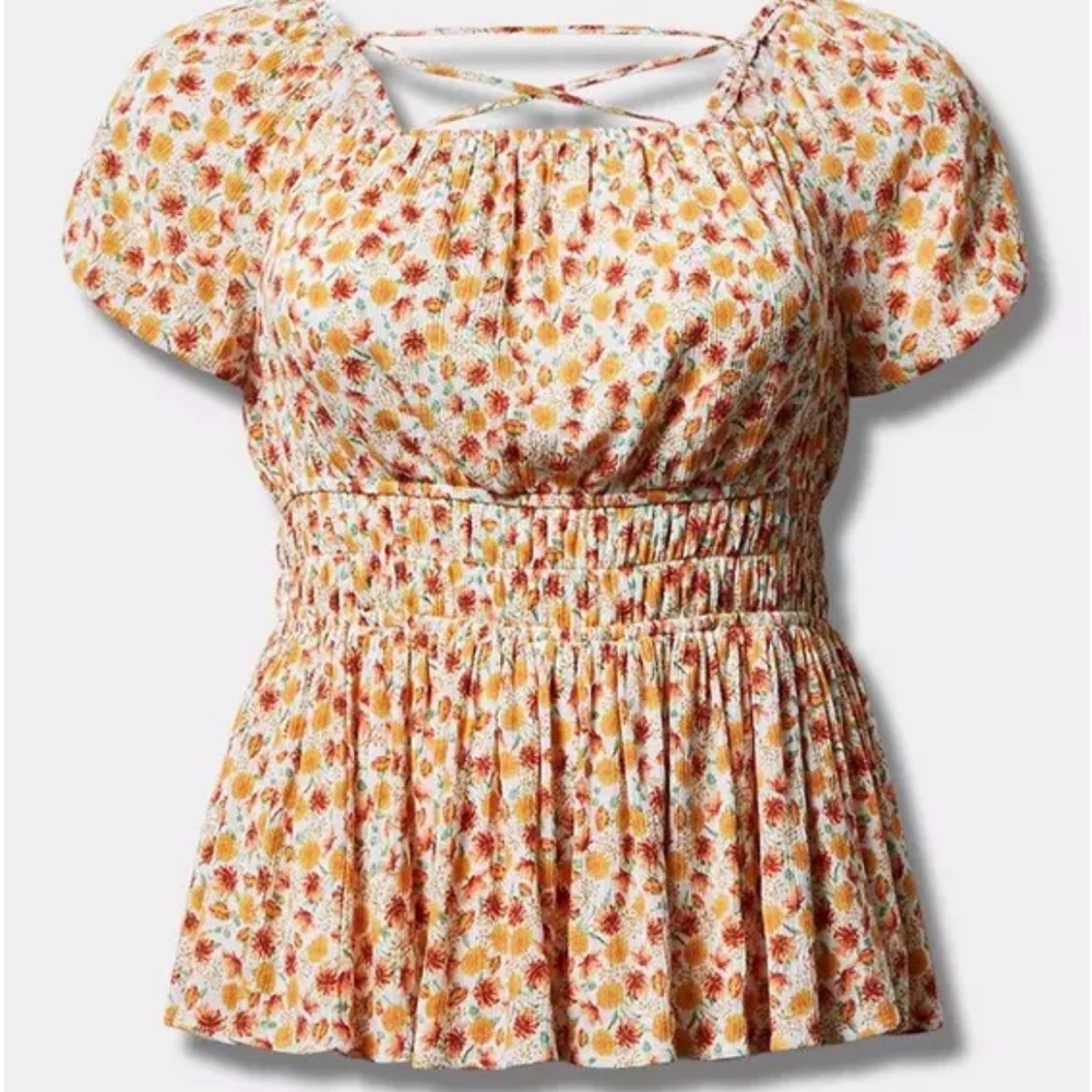 Torrid Crinkle Gauze Criss Cross Back Floral Top